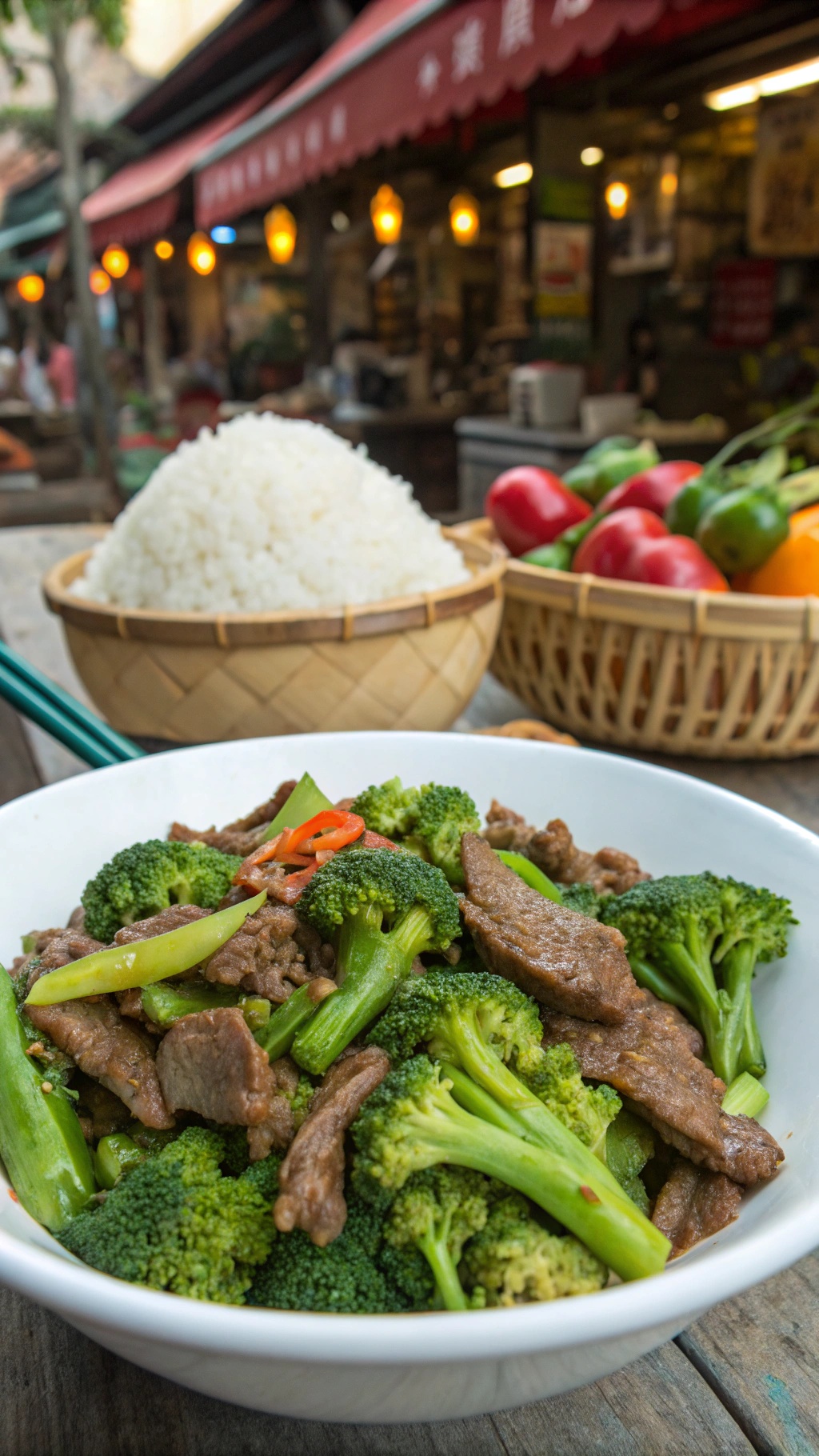 A bowl of beef and broccoli stir-fry with rice in the background.
