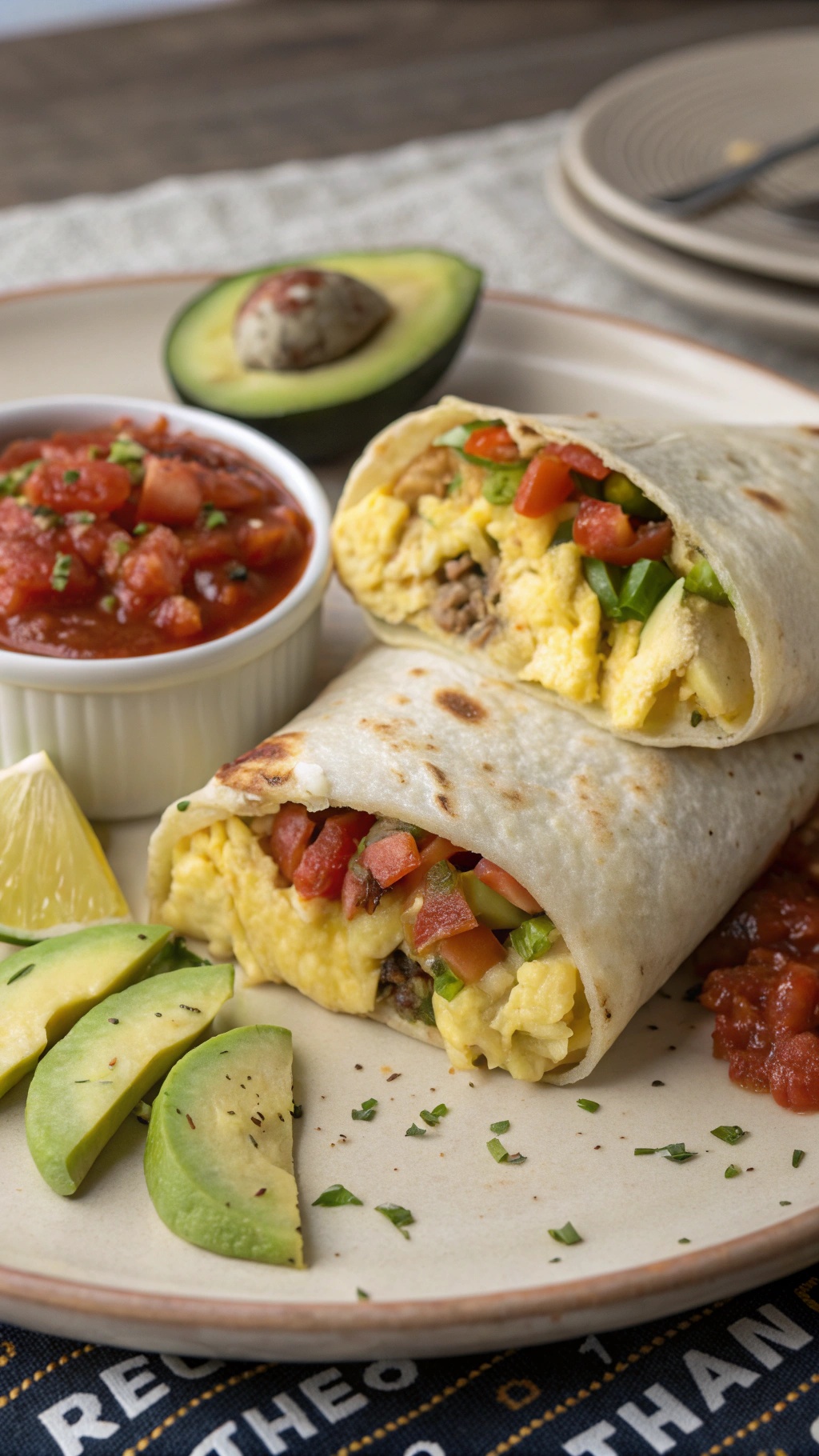 A delicious breakfast burrito filled with scrambled eggs, veggies, and served with salsa and avocado slices.