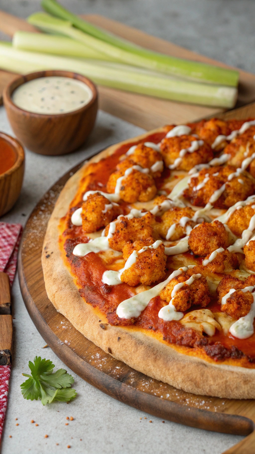 Buffalo cauliflower high-protein pizza with ranch dressing and celery sticks