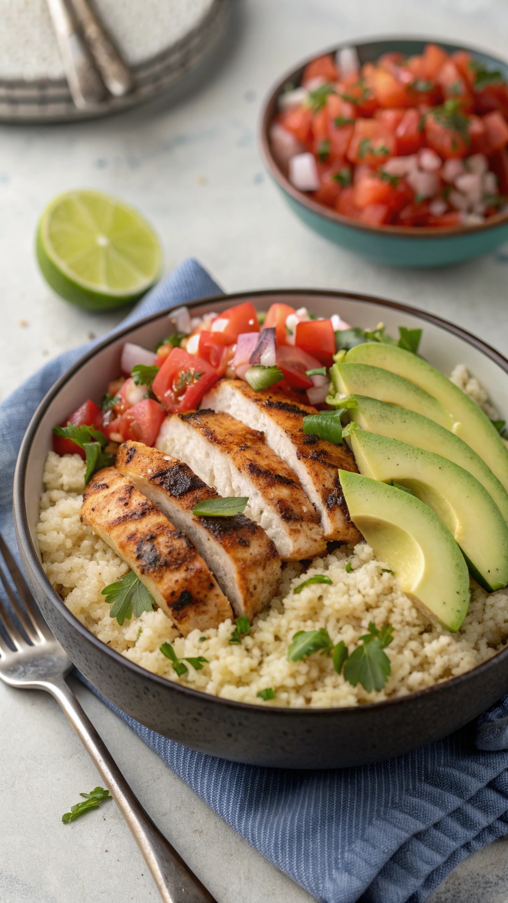 A delicious cauliflower rice bowl topped with grilled chicken, fresh salsa, and avocado slices.