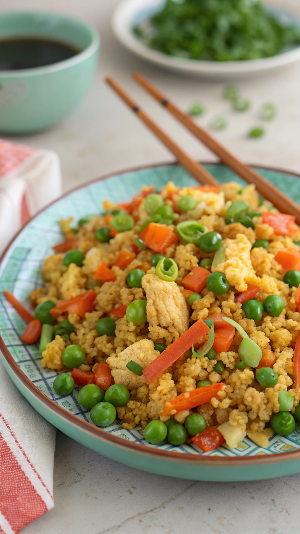 A colorful plate of cauliflower rice stir-fry with peas, carrots, and green onions, served with chopsticks.