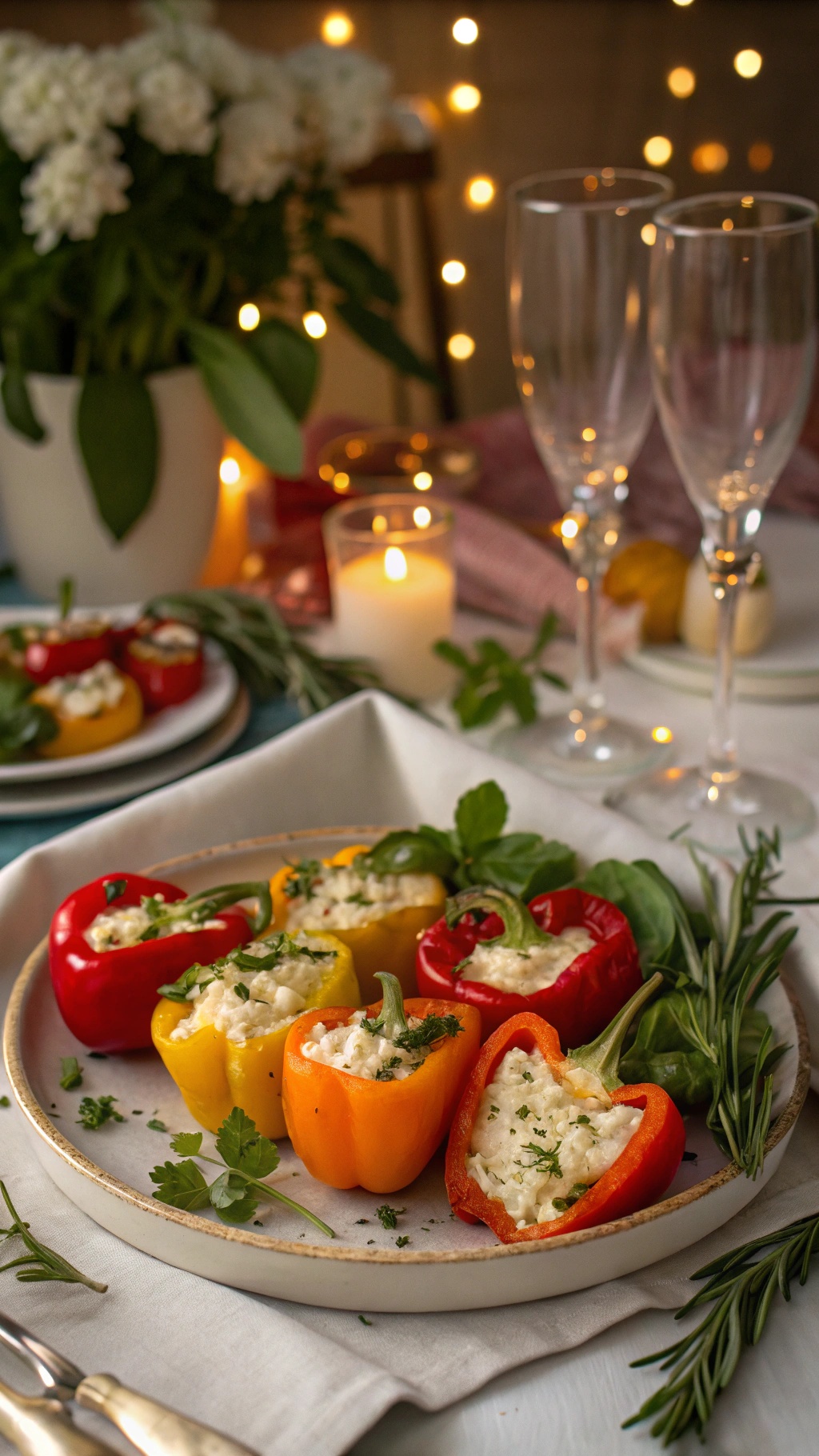 Colorful cheese stuffed peppers on a plate, garnished with herbs, set on a romantic table with candles and flowers.