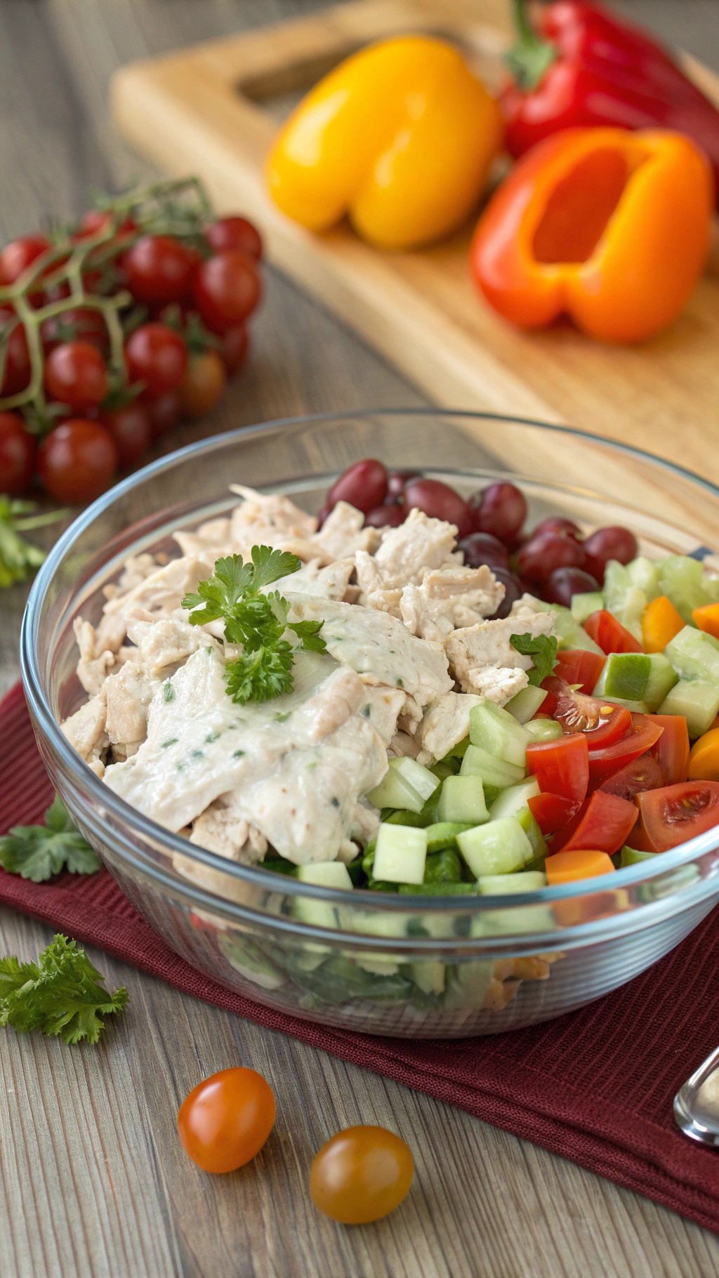 A bowl of chicken salad with shredded chicken, diced cucumbers, cherry tomatoes, grapes, and bell peppers, garnished with fresh herbs.