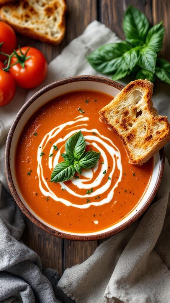 A bowl of creamy tomato basil soup garnished with fresh basil and a swirl of cream, accompanied by toasted bread and fresh tomatoes.