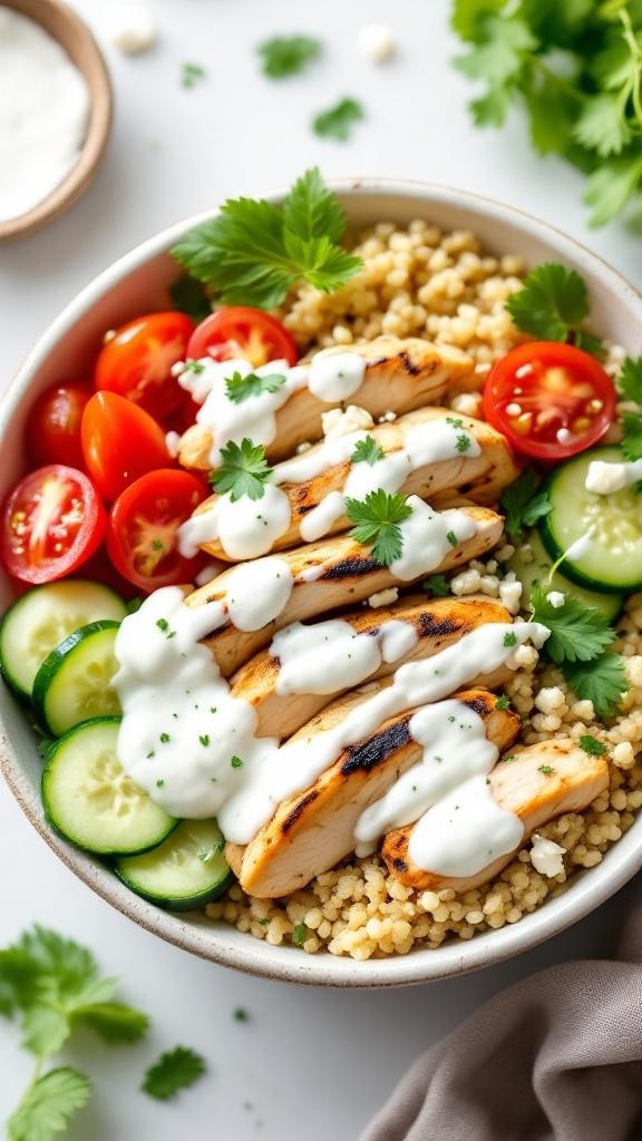 A colorful bowl of Greek chicken meal prep with couscous, cherry tomatoes, cucumbers, and yogurt sauce.