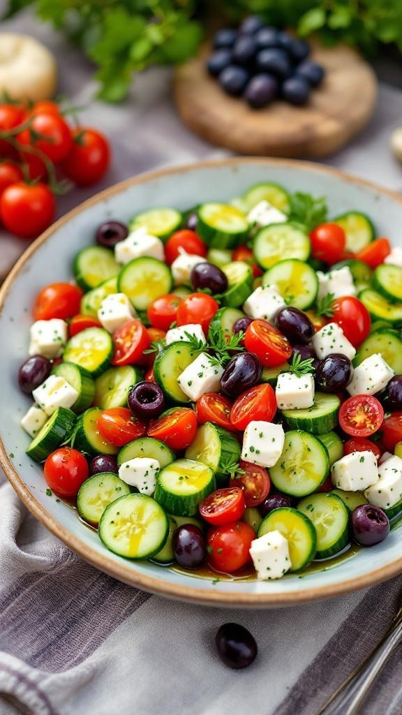 A colorful Greek salad with cucumbers, tomatoes, olives, and feta cheese.