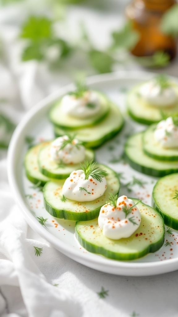 A plate of cucumber slices topped with Greek yogurt and garnished with dill and paprika.