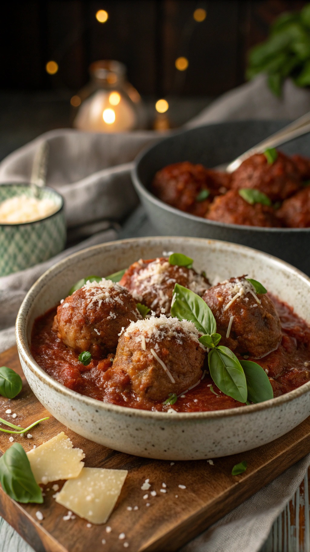 A bowl of keto meatballs in marinara sauce, topped with cheese and fresh basil, served with a side of grated cheese.