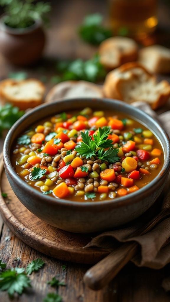 A bowl of colorful lentil soup with vegetables, garnished with parsley, surrounded by bread.