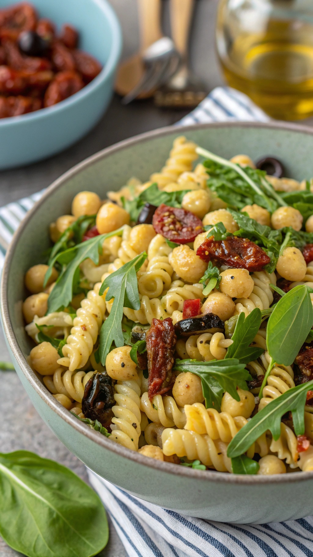 A bowl of Mediterranean Chickpea Pasta Salad with rotini pasta, chickpeas, sun-dried tomatoes, black olives, and fresh arugula.