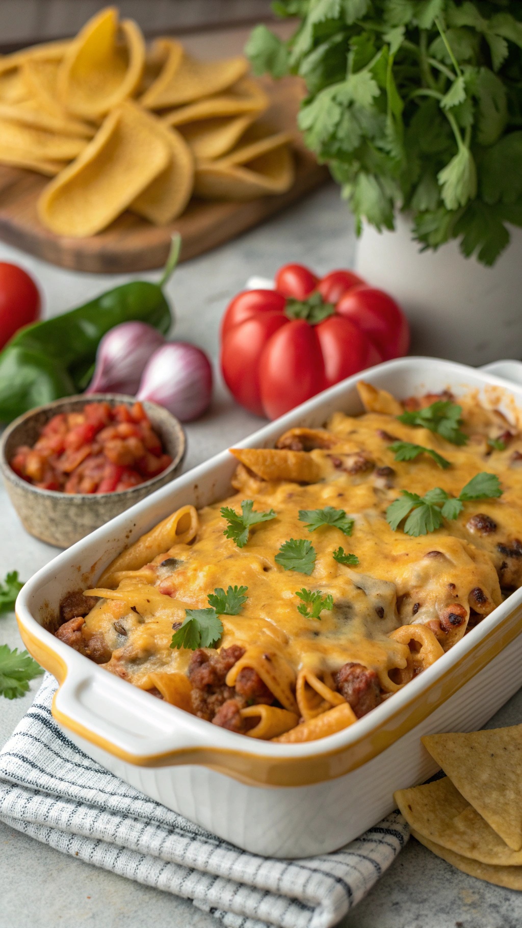 A delicious one-pot taco pasta bake topped with melted cheese and cilantro, surrounded by fresh ingredients.