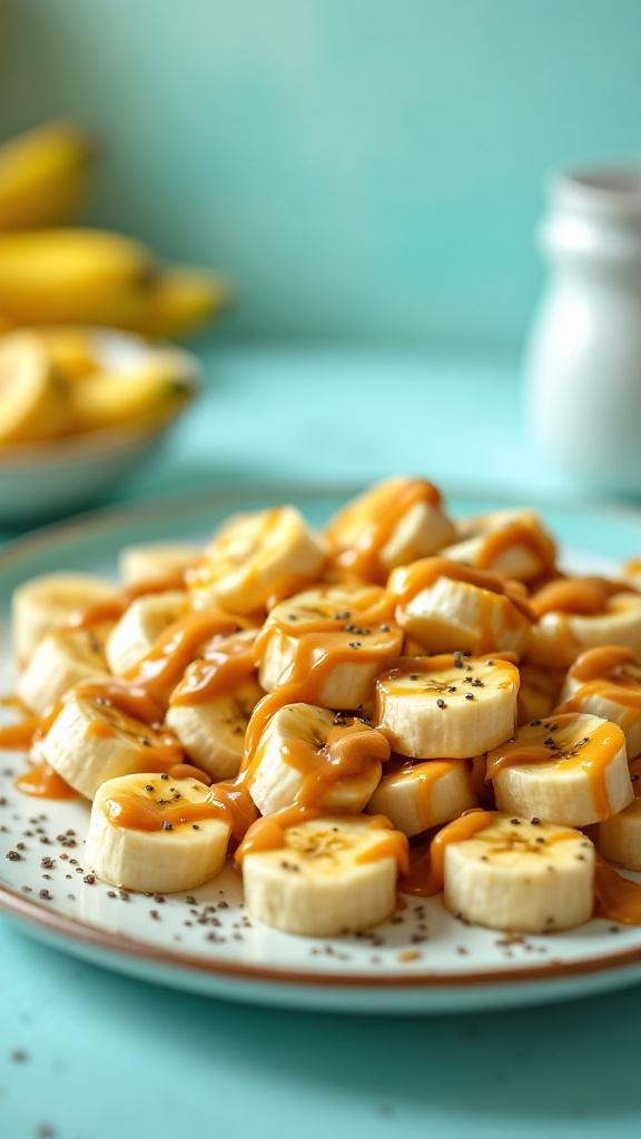 A plate of banana slices drizzled with peanut butter and sprinkled with chia seeds.