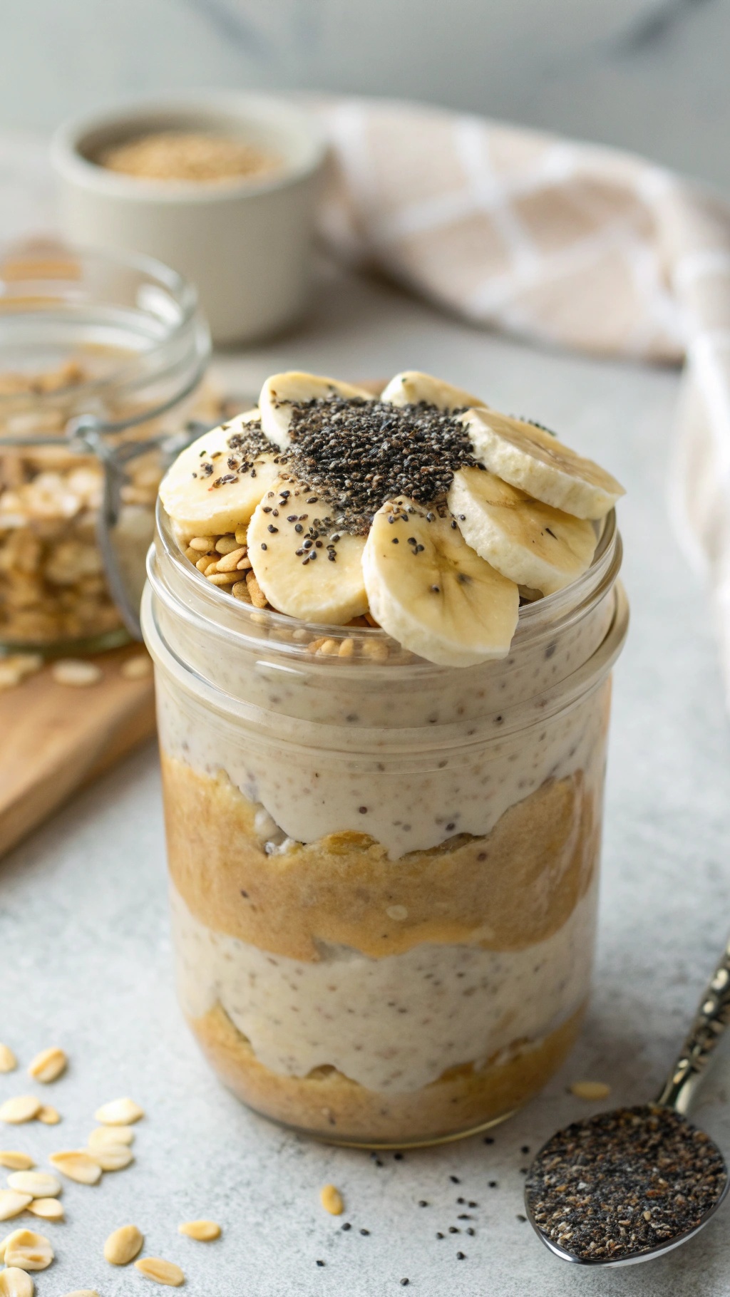 A jar of peanut butter banana overnight oats topped with banana slices and chia seeds.