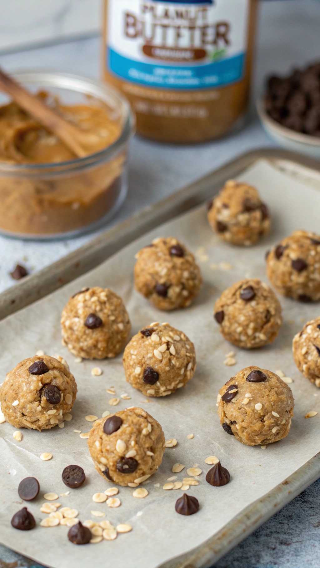 Peanut butter protein balls on a baking sheet with chocolate chips and oats