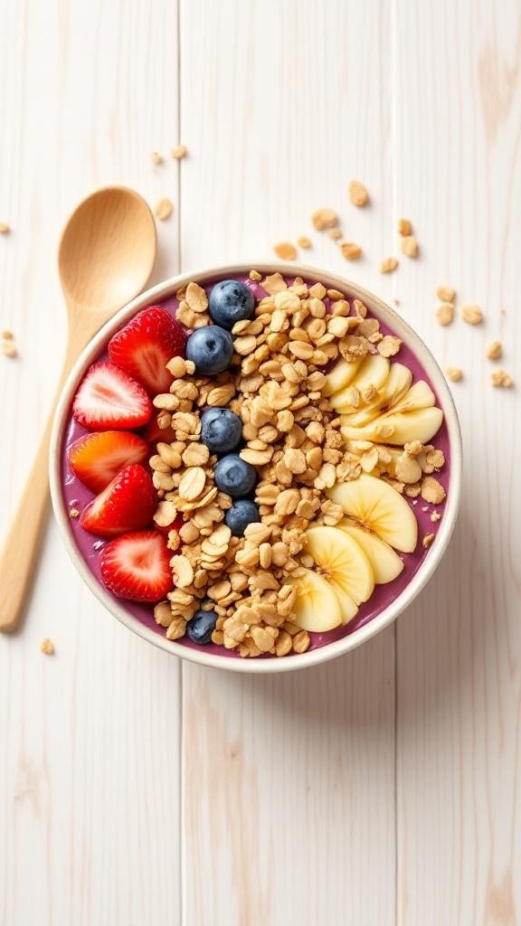 A colorful smoothie bowl topped with strawberries, blueberries, banana slices, and granola.
