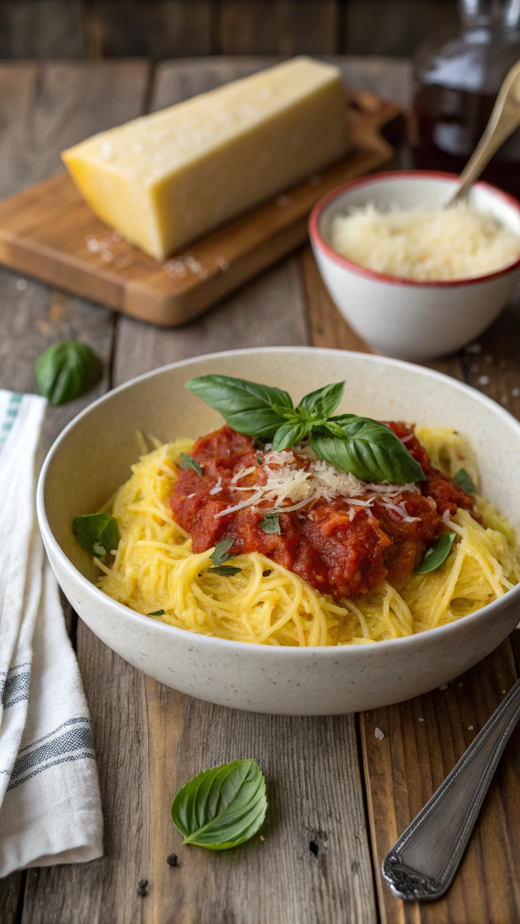 Bowl of spaghetti squash topped with marinara sauce and fresh basil