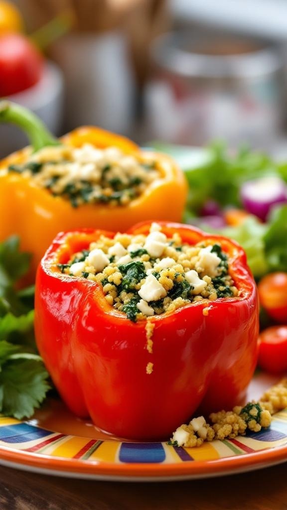 Colorful stuffed peppers filled with spinach and feta cheese on a vibrant plate.