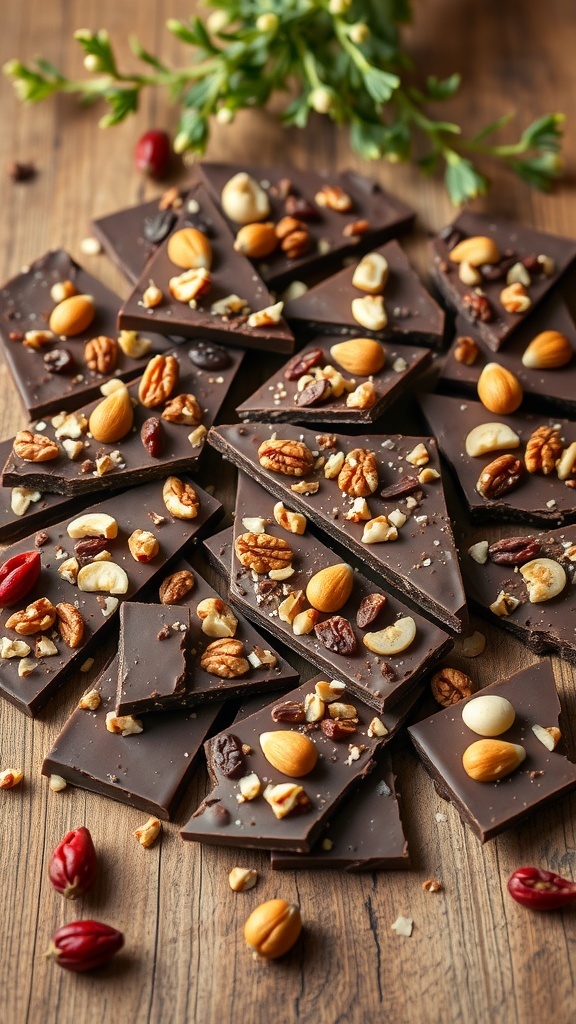 A close-up of chocolate bark topped with nuts and dried fruits on a wooden surface.