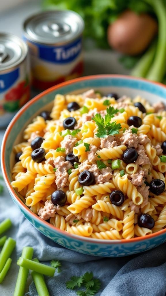 A colorful bowl of tuna pasta salad with olives and celery, garnished with parsley.