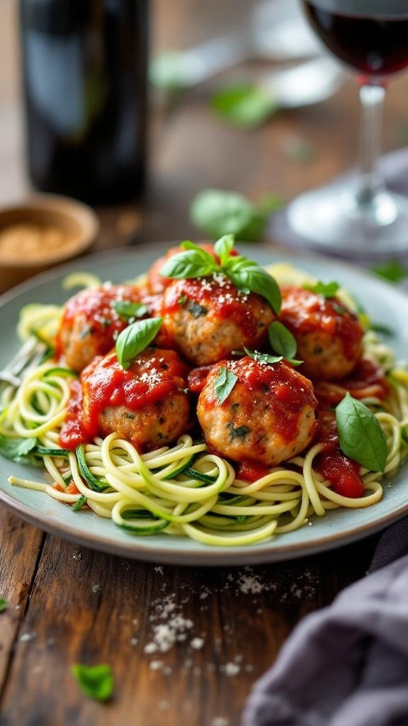 Plate of turkey meatballs with zoodles and tomato sauce, garnished with basil.