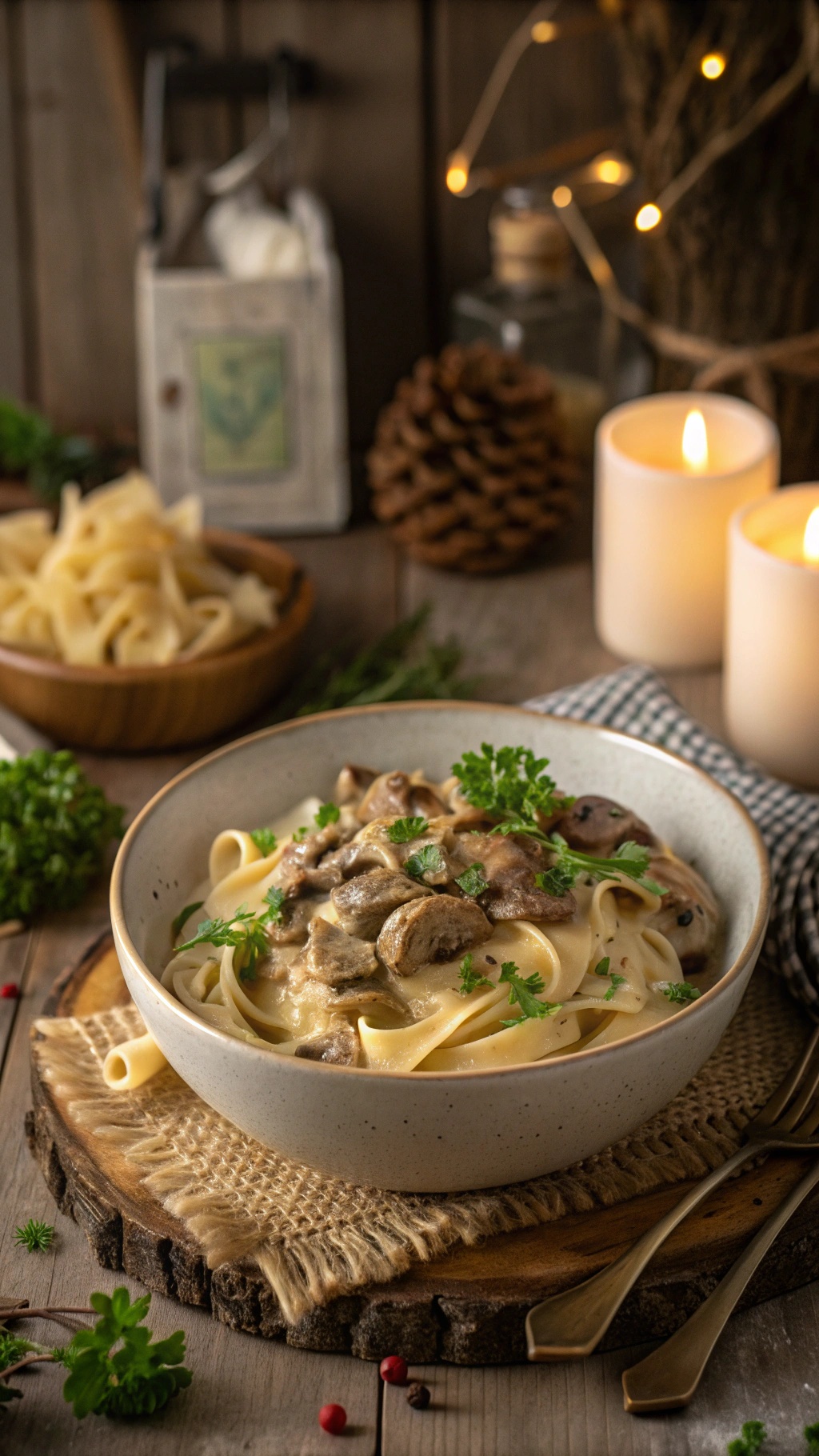 A bowl of vegan mushroom stroganoff served over fettuccine, garnished with parsley, surrounded by a cozy setting with candles and pinecones.