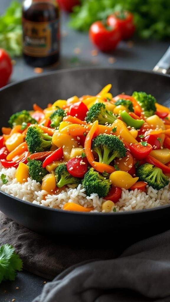 A colorful vegetable stir-fry with broccoli, bell peppers, and carrots served over rice.