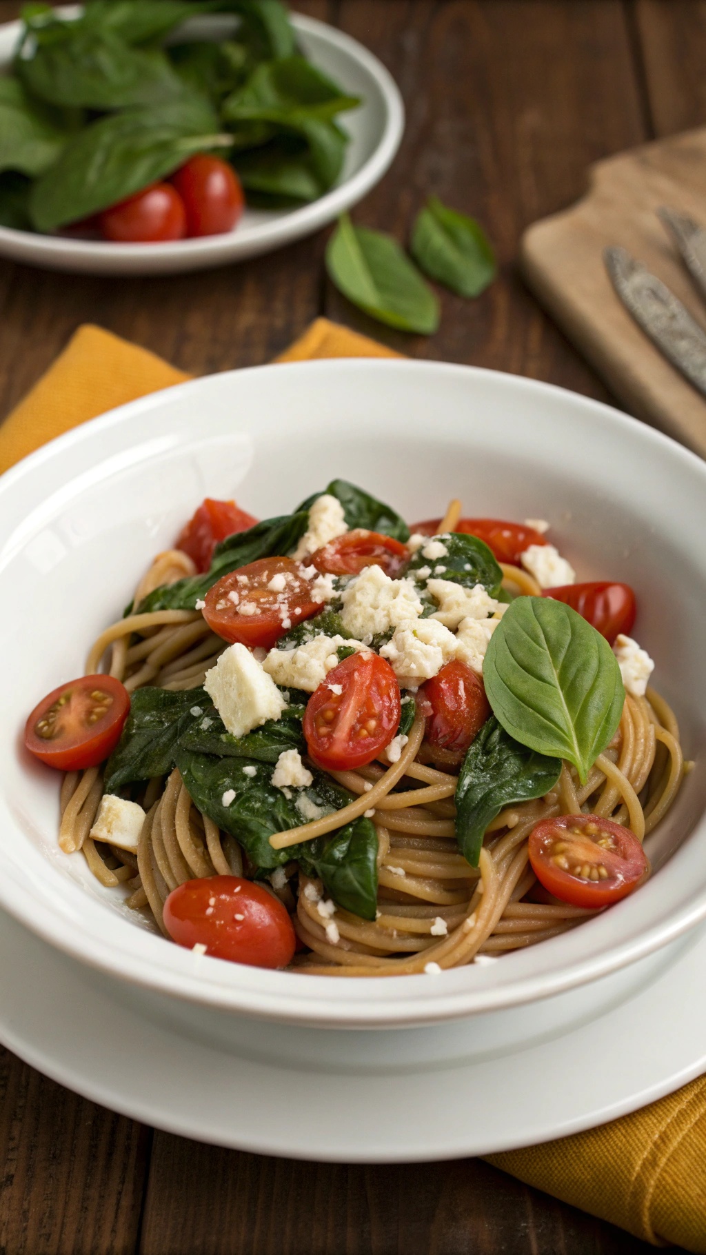 A bowl of whole wheat pasta with spinach, cherry tomatoes, and feta cheese.