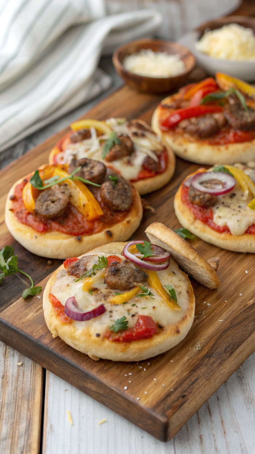 Mini pizzas topped with sausage, bell peppers, and cheese on a wooden board.