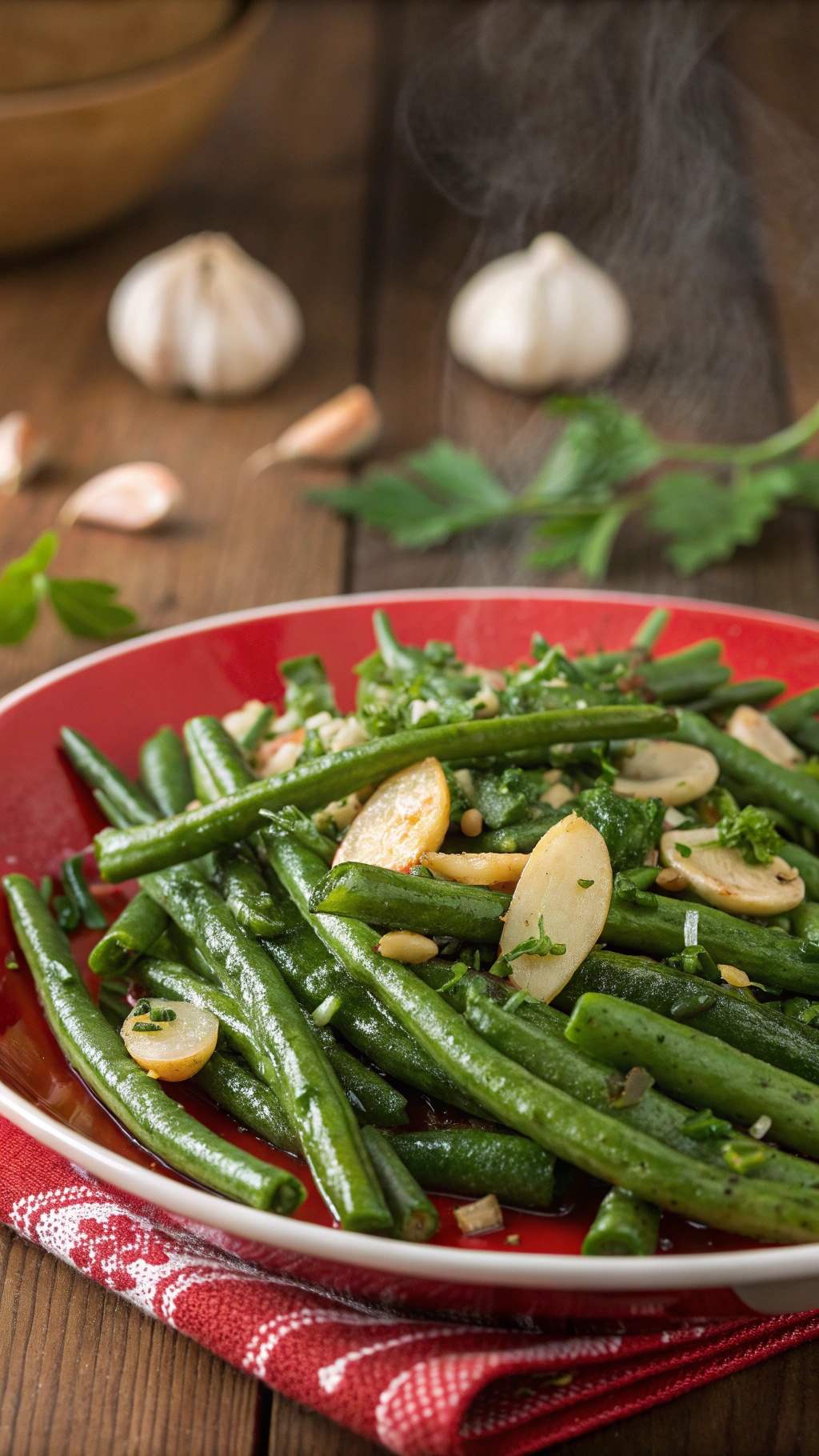 Sautéed garlic green beans on a red plate with garlic cloves in the background