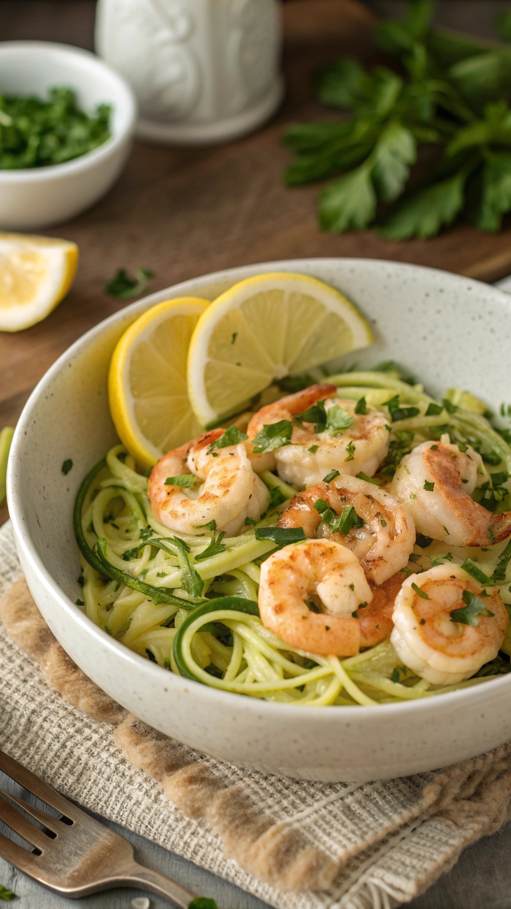 A bowl of shrimp scampi with zucchini noodles, garnished with parsley and lemon slices.
