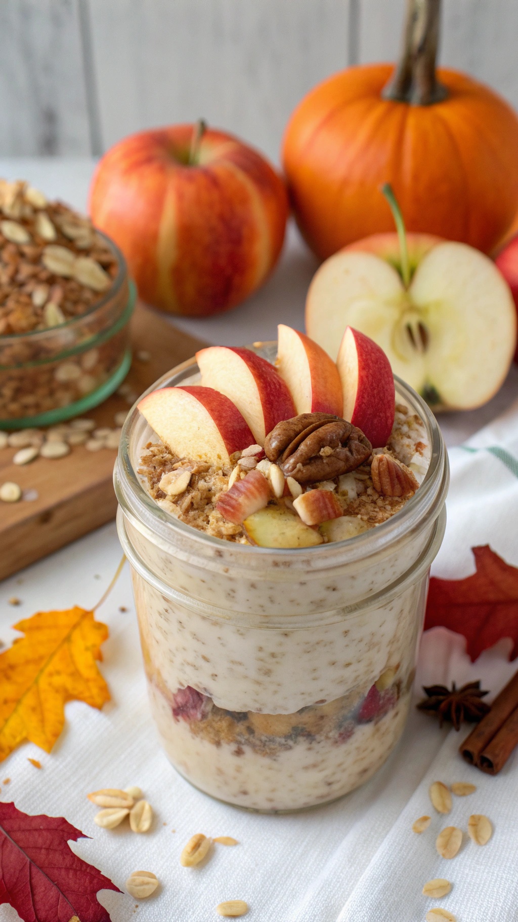 A jar of apple cinnamon overnight oats topped with apple slices and nuts, surrounded by pumpkins and autumn leaves.