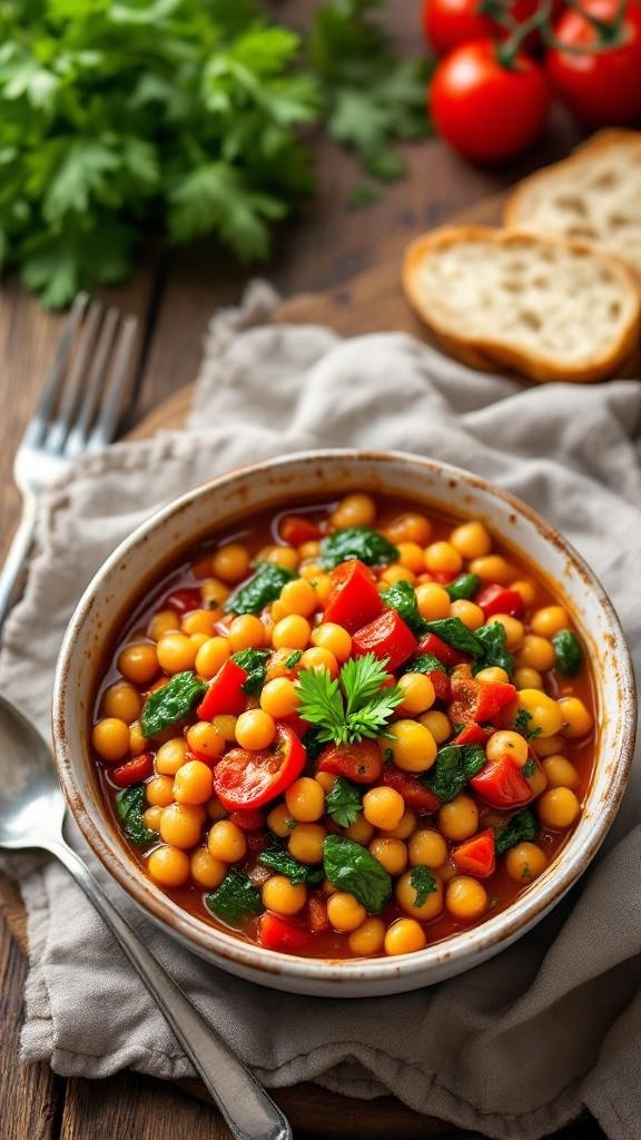 A bowl of Mediterranean chickpea stew with vibrant vegetables and herbs