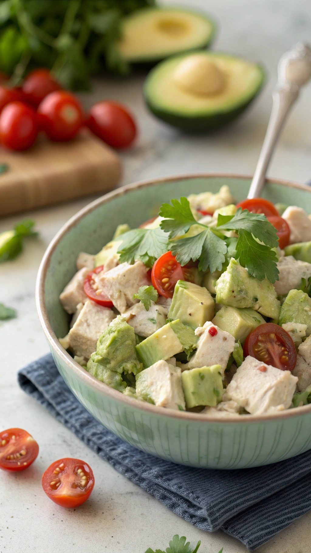 A bowl of creamy avocado chicken salad with diced chicken, avocado, cherry tomatoes, and cilantro.