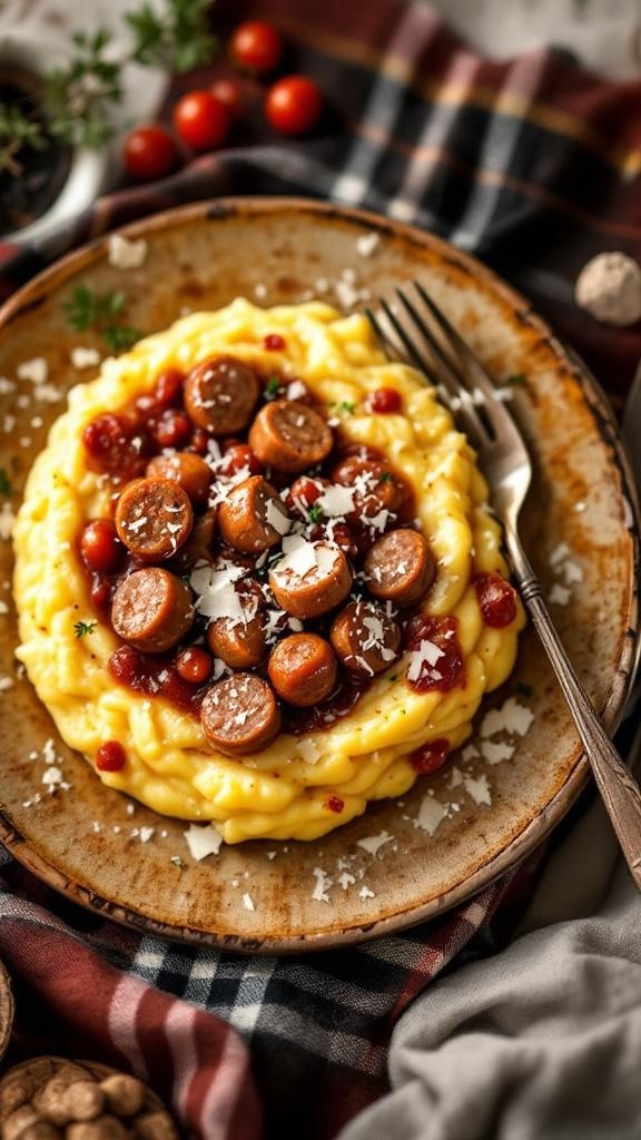 A plate of creamy polenta topped with sausage and marinara sauce, garnished with herbs.