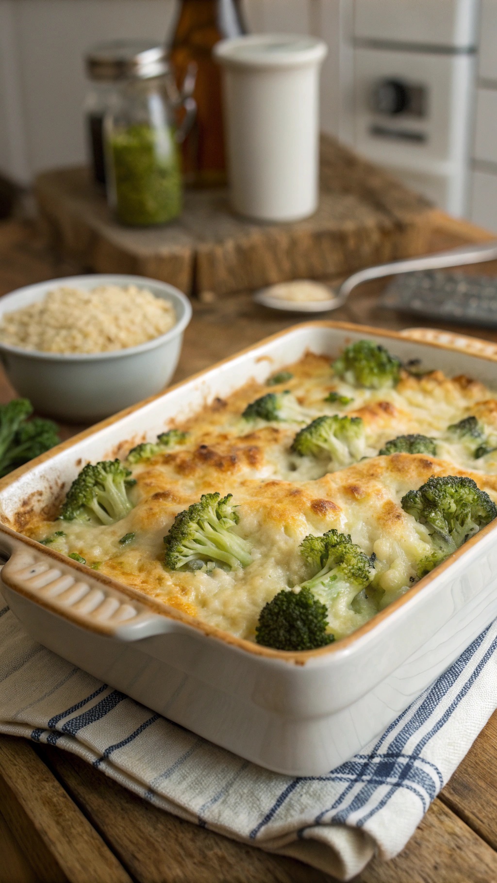 A delicious one-pot cheesy broccoli rice casserole in a baking dish, with broccoli florets and a golden cheesy top.