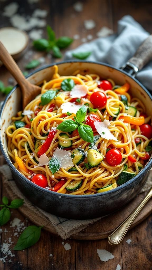 A bowl of colorful One-Pot Pasta Primavera with cherry tomatoes, zucchini, and basil.