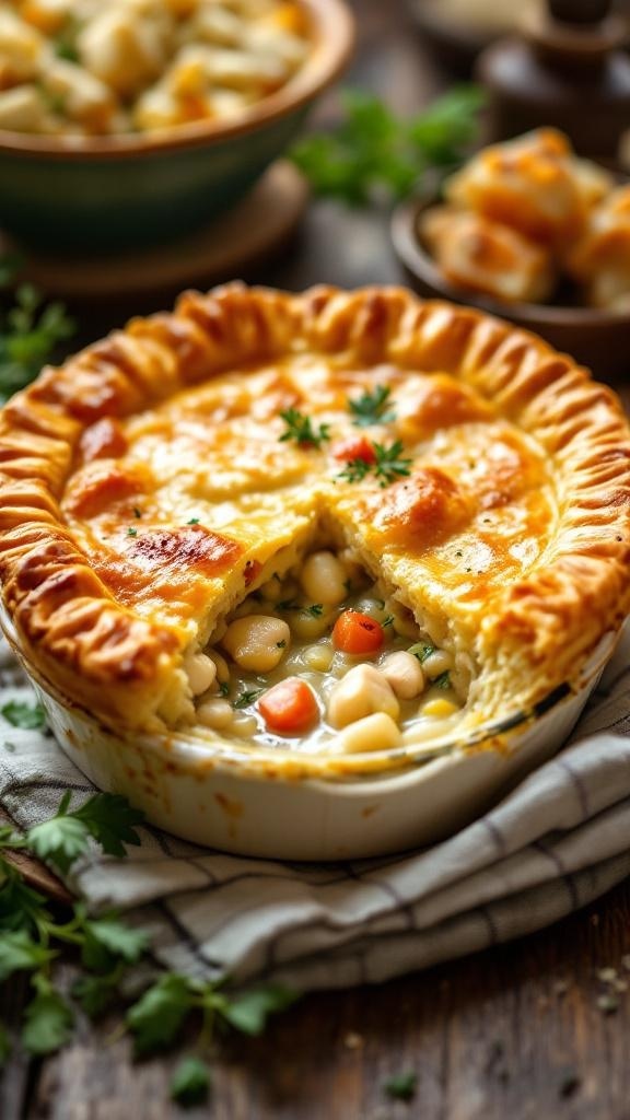 A homemade chicken pot pie with a golden crust and a slice taken out, revealing the creamy filling inside.