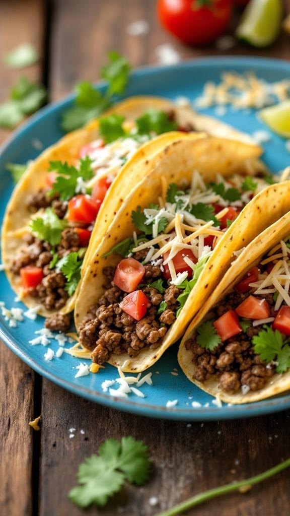 A plate of low-carb tacos filled with ground meat, tomatoes, cheese, and garnished with cilantro.