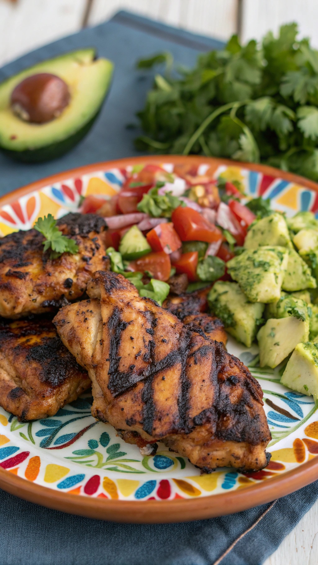 Grilled spicy chicken thighs served with avocado and fresh salsa on a colorful plate.