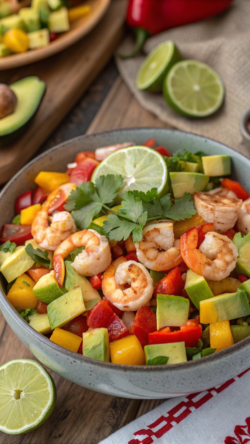 A colorful bowl of spicy shrimp and avocado salad with lime and fresh vegetables.