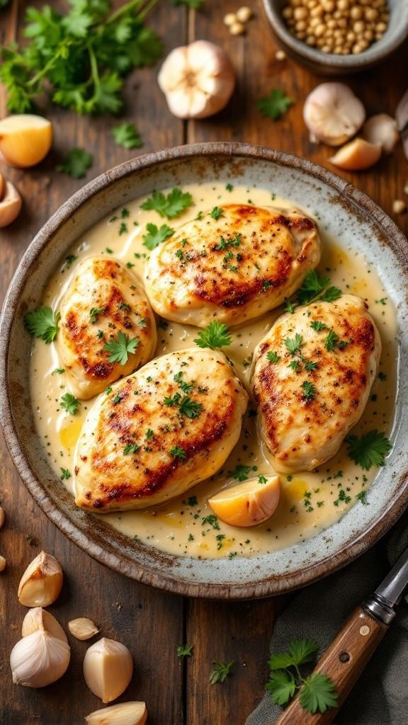 Creamy garlic chicken served in a bowl with fresh herbs and garlic cloves