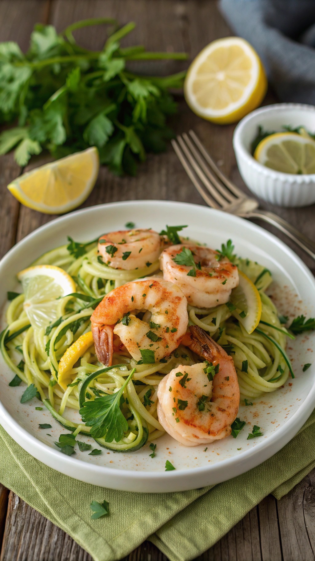 A plate of garlic butter shrimp served on zucchini noodles with lemon slices and parsley.