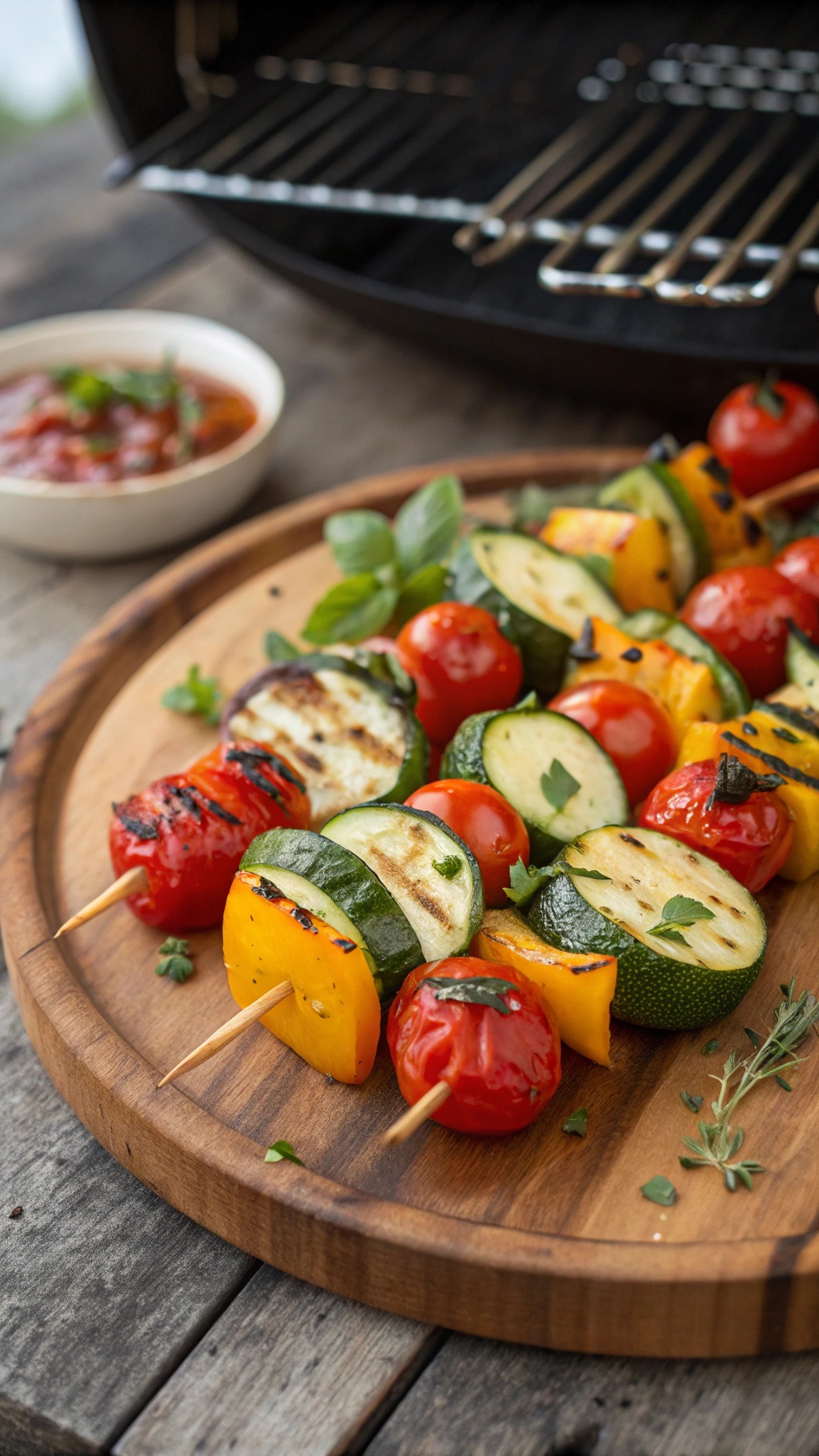 Grilled vegetable skewers with zucchini, bell peppers, and cherry tomatoes on a wooden platter.