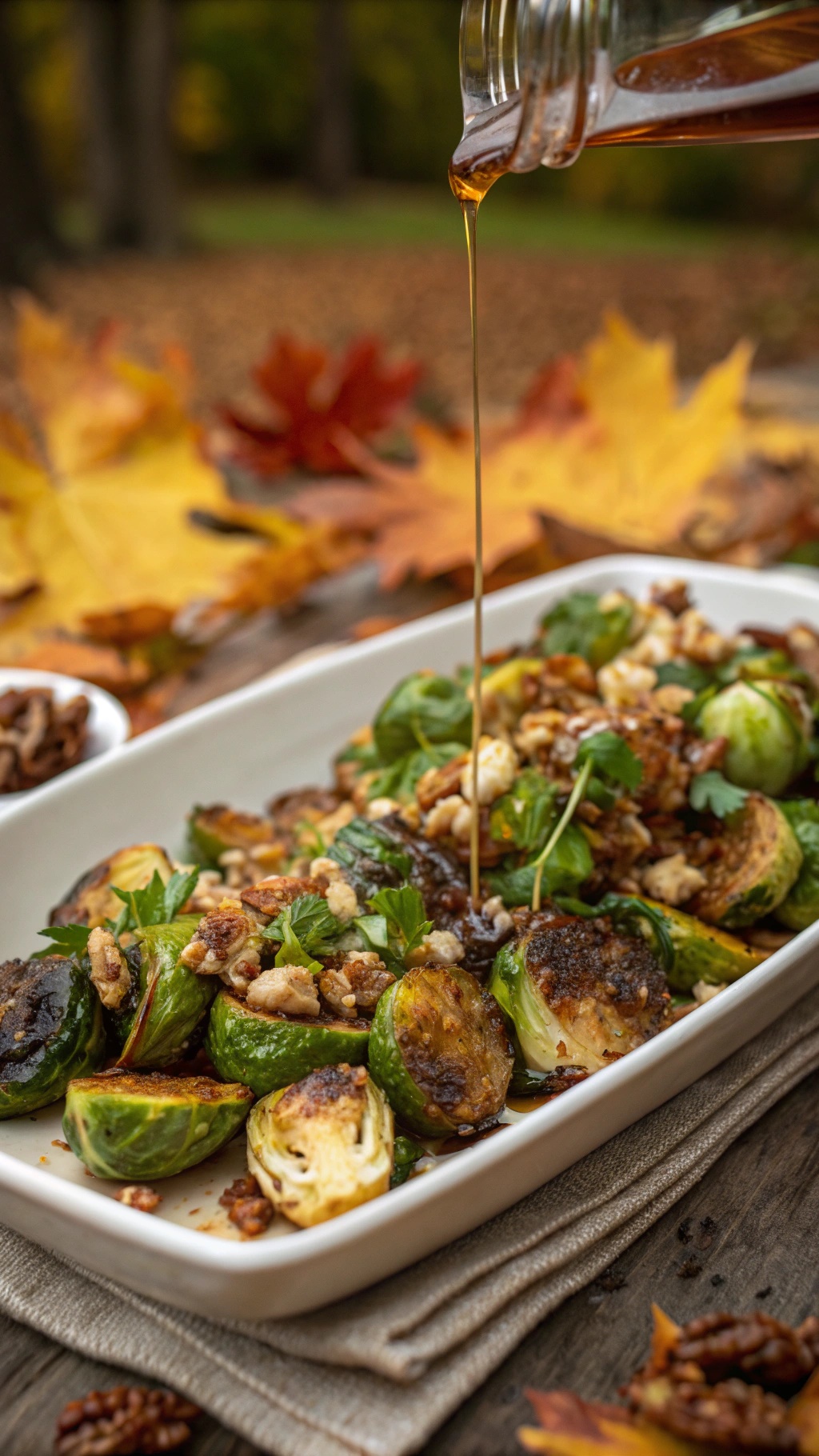 Maple-glazed Brussels sprouts with pecans on a white plate, surrounded by autumn leaves.