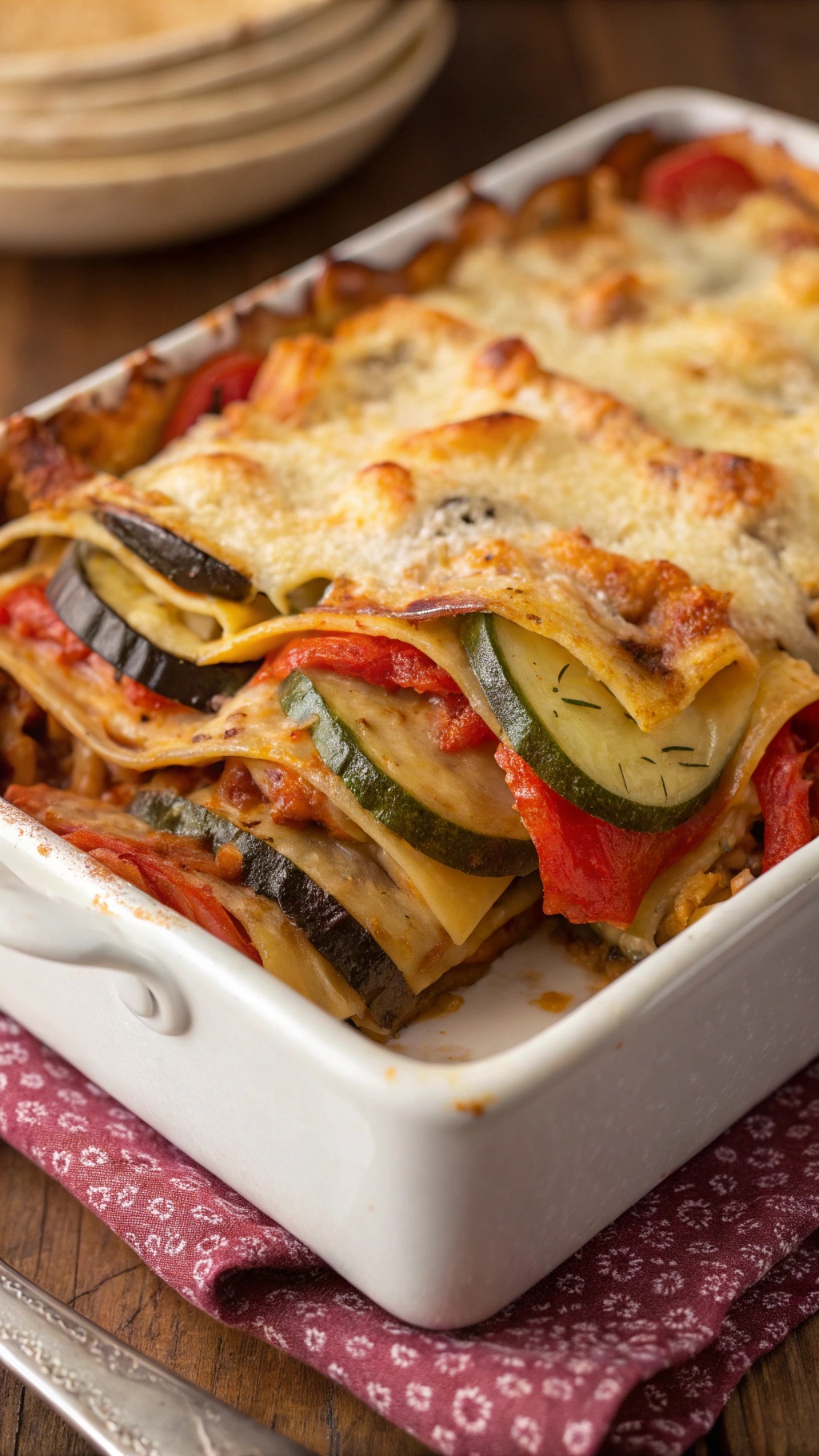 A delicious serving of baked ratatouille pasta with layers of vegetables and cheese.