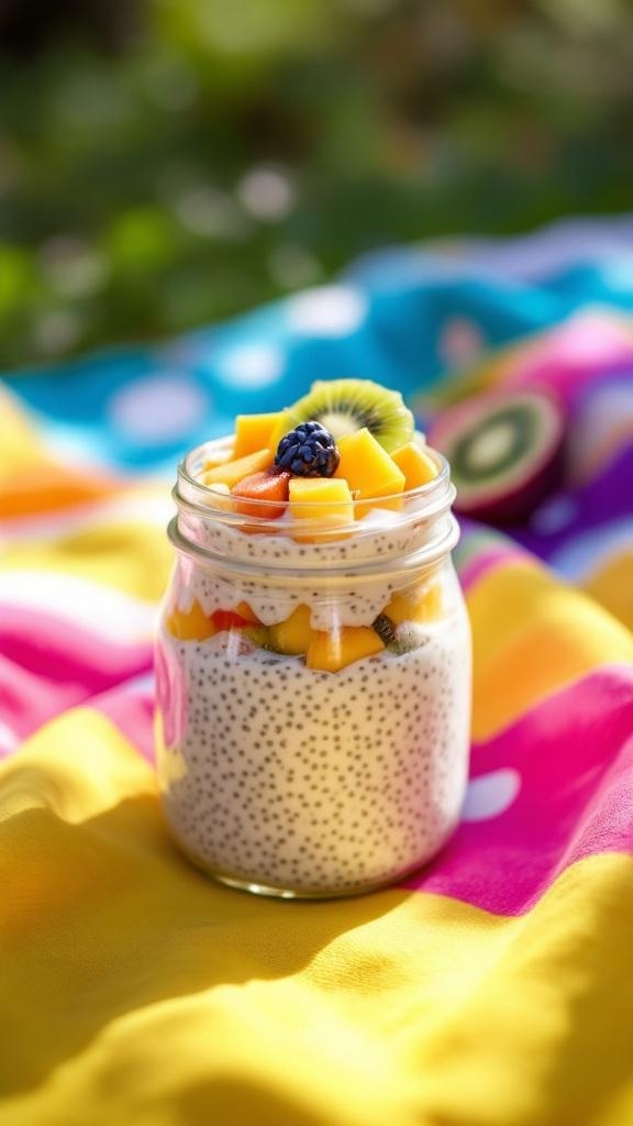 A jar of coconut chia seed pudding topped with fresh fruits on a colorful background.