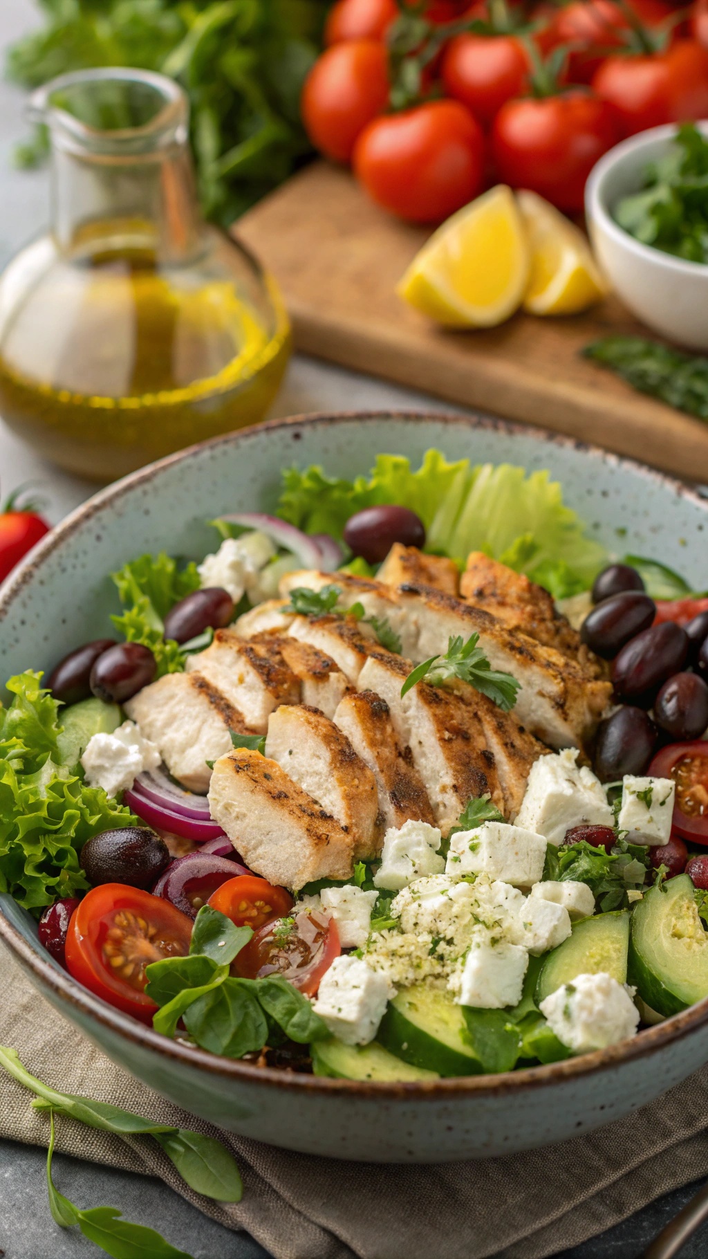 A colorful Greek salad with grilled chicken, olives, feta cheese, and fresh vegetables.