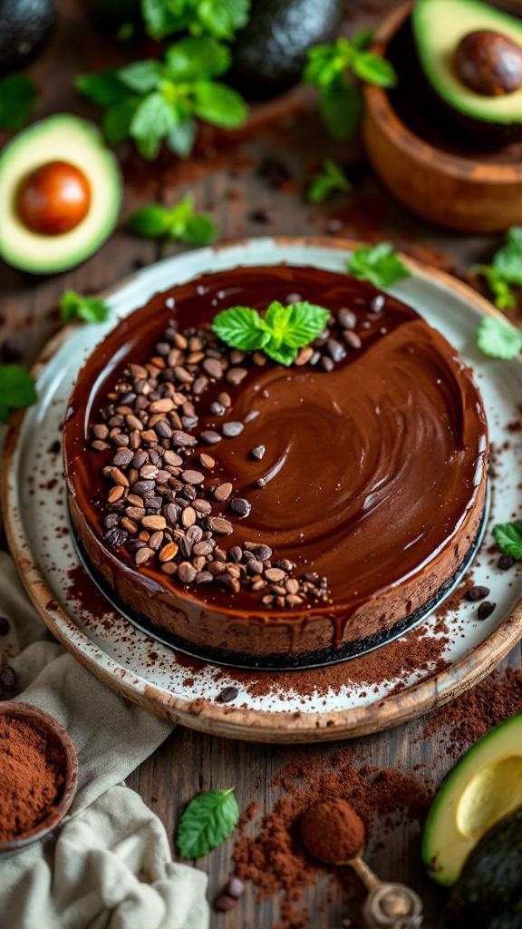 A rich chocolate avocado cheesecake topped with coffee beans and mint leaves, surrounded by avocados and cocoa powder.