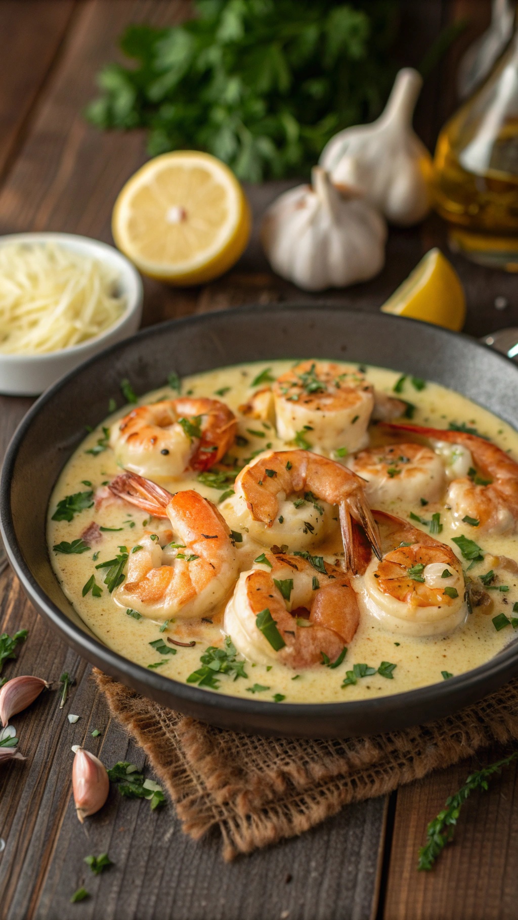Creamy garlic butter shrimp in a skillet with garlic cloves and lemon slices