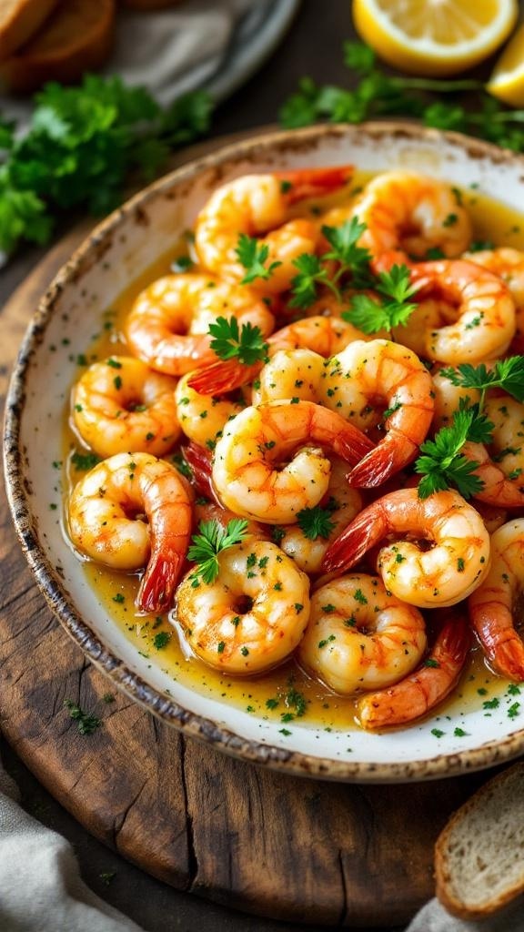 A plate of garlic butter shrimp garnished with parsley, served with crusty bread.